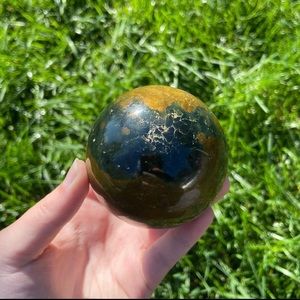 Green, blue, brown 1.03lb jasper sphere with druzy